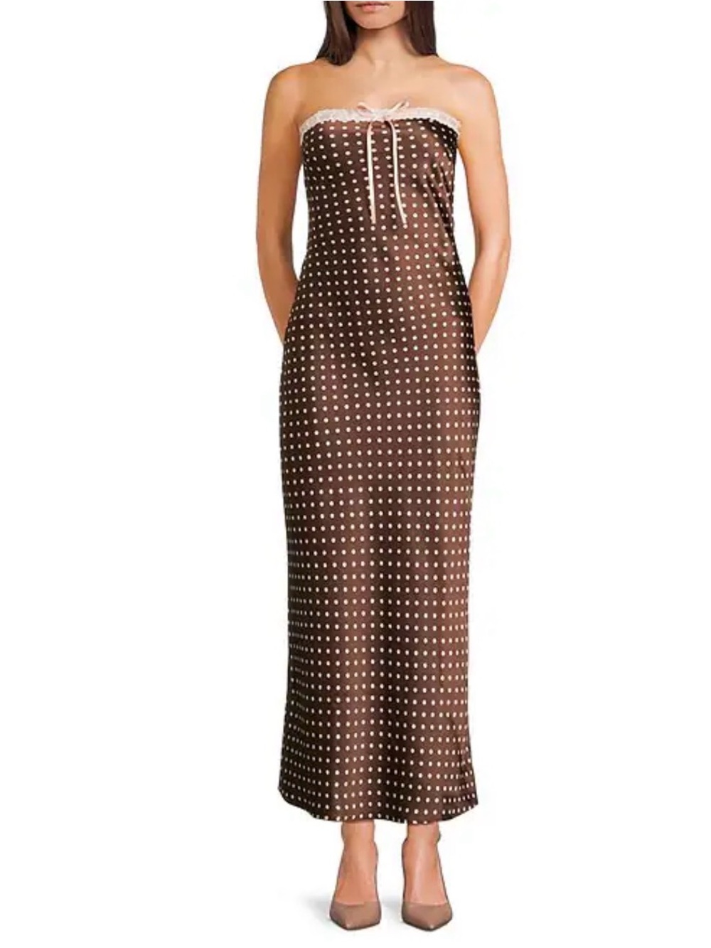 Jessica Simpson Polka Dot Front Tie Strapless Dress size M brown/white